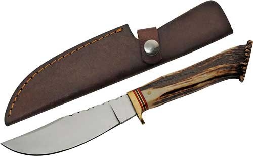 SZCO STEEL STAG 5" STAG HUNTER - DEER ANTLER HANDLE SS BLADE
